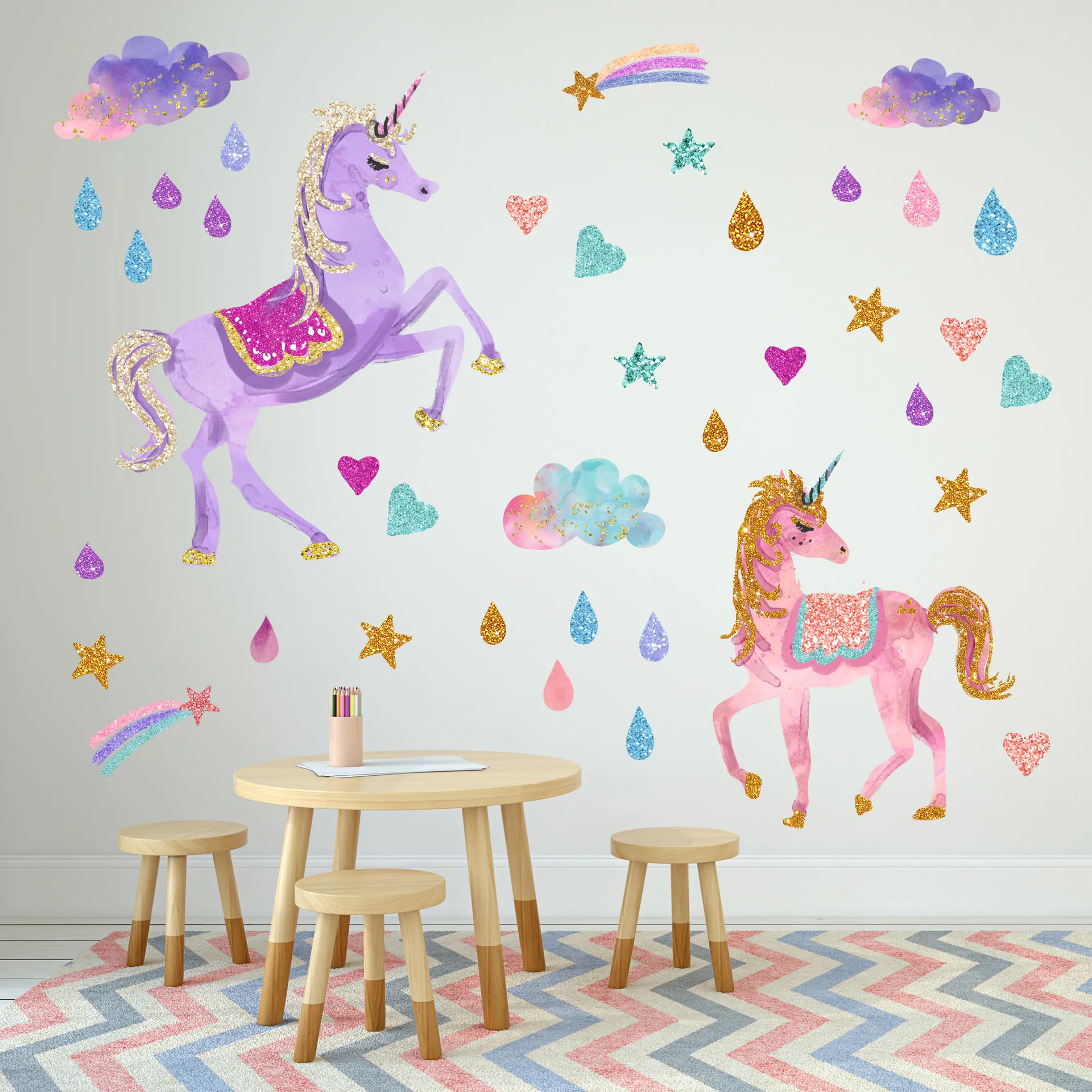 

baby Gift Shiny Cartoon Ins Unicorn room wall sticker Colored Clouds Rain Drop for Children's Room family