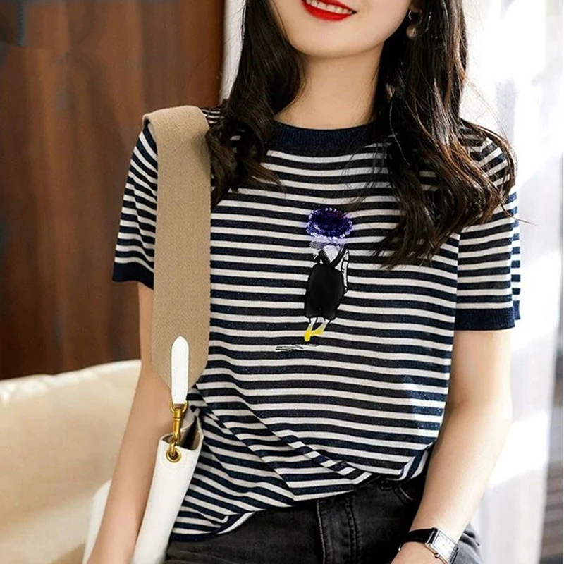 

2021 Limited 20741 Non Real Shot Net Red Picture Round Neck Stripe Short Sleeve Knitted T-shirt