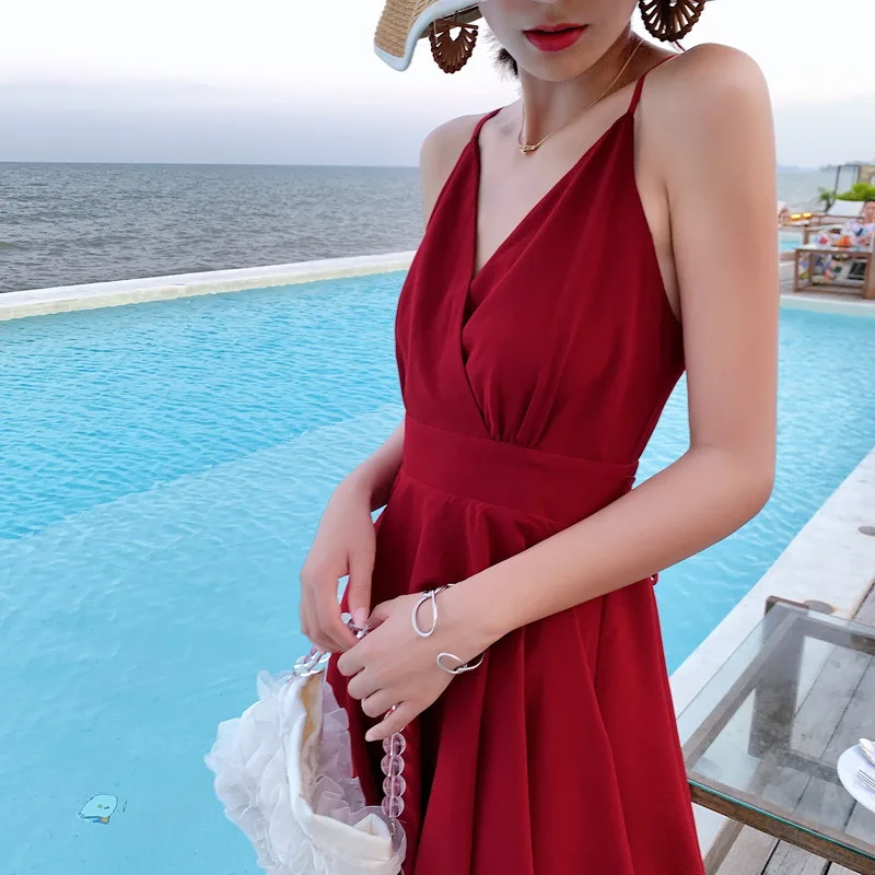 

#3971 Red Chiffon Dress Women Sexy Sleeveless Mini Dress Ruffles Sapeghetti Strap Bodycon Dress V Neck Boho Beach Dress Backless