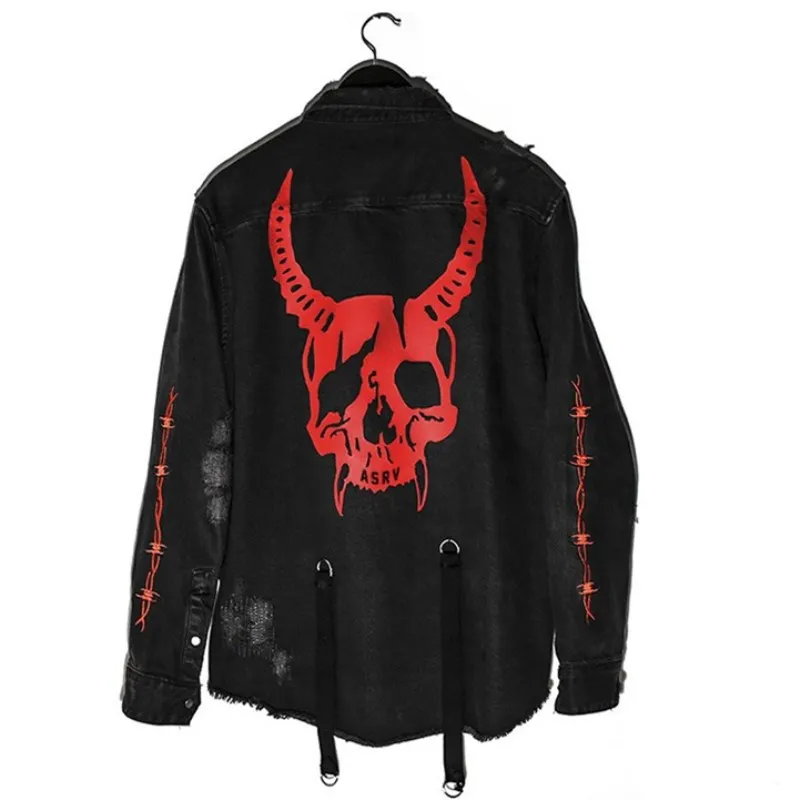 

Harajuku Gothic Demon Hunter Skull Black Denim Jacket Men Rock Punk Heavy Metal Sweatshirt Sudadera Suspenders Hole Streetwear