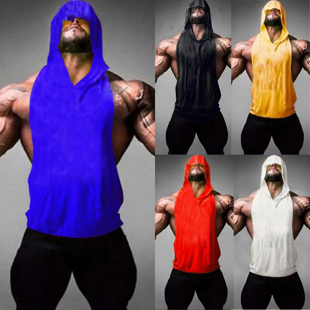

Men Hooded Vest Tank Tops Bodybuilding Sleeveless Gym Training Muscle T Shirt Men's Casual Sport Hooded Tops Vest Cotton