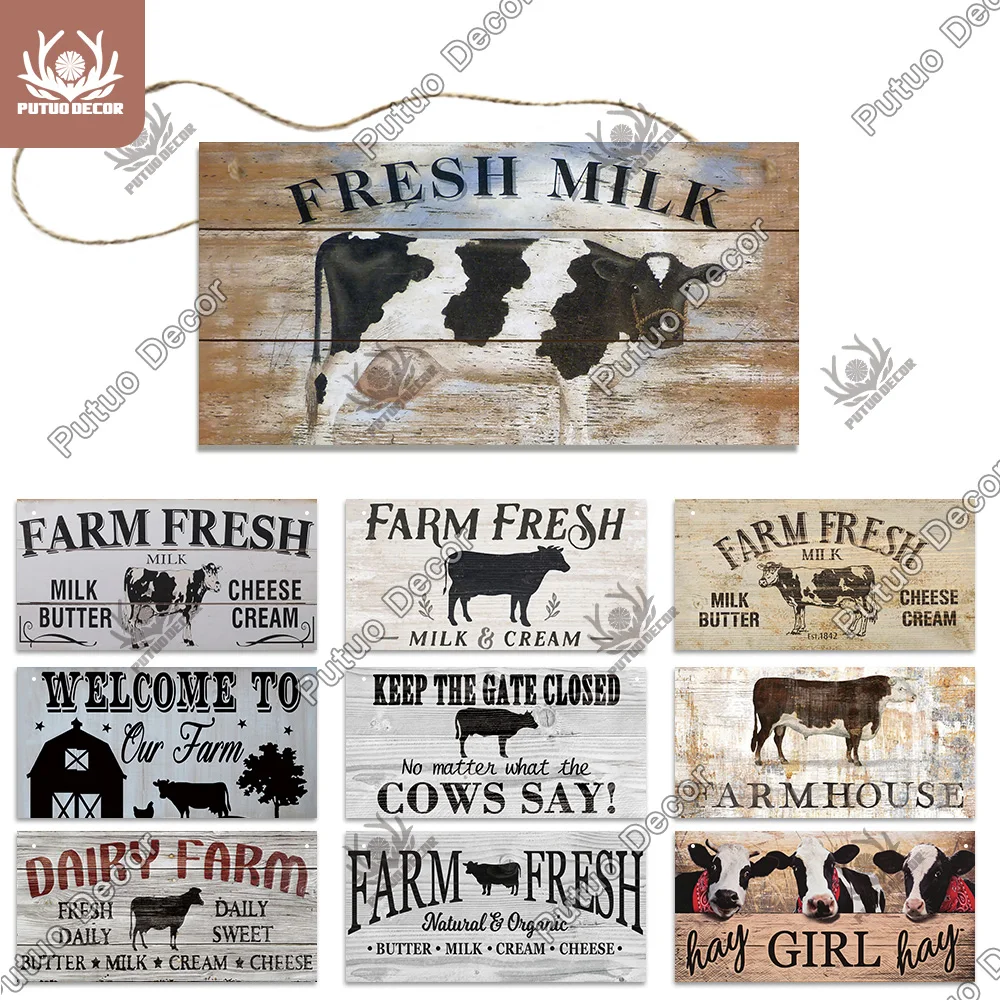 putuo decor cow wooder sign hanging plaque farmhouse sign decorative plaque for farm house decor cowshed decoration fresh milk free global shipping