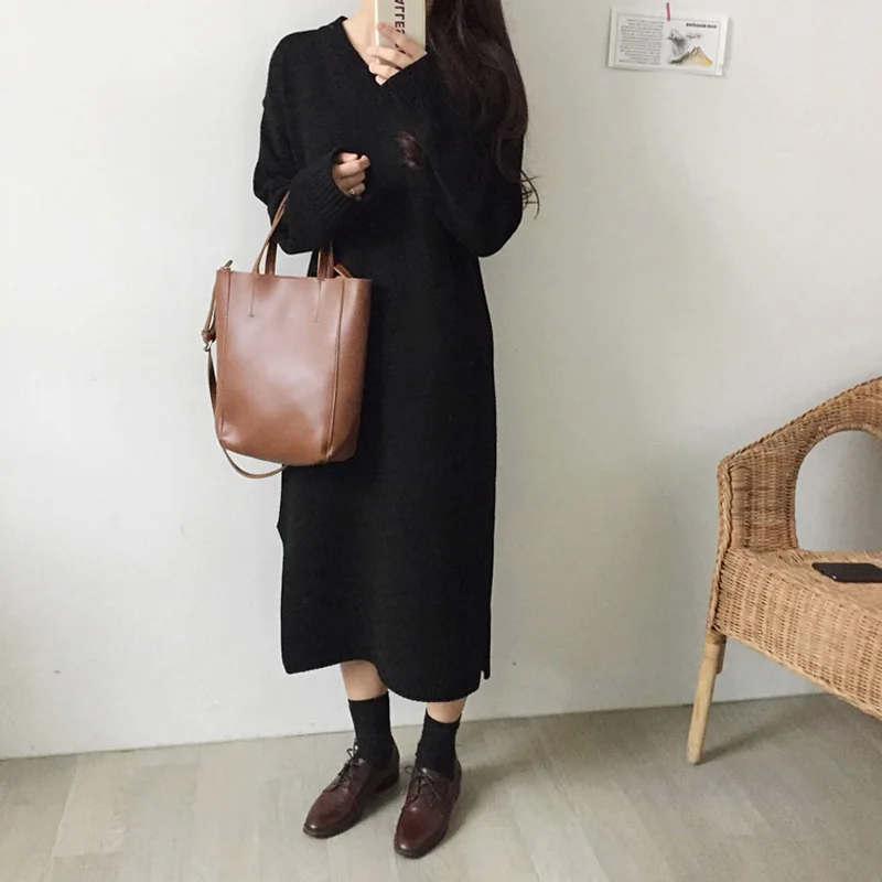 Женское трикотажное платье свитер с V образным вырезом и длинным рукавом|Женские