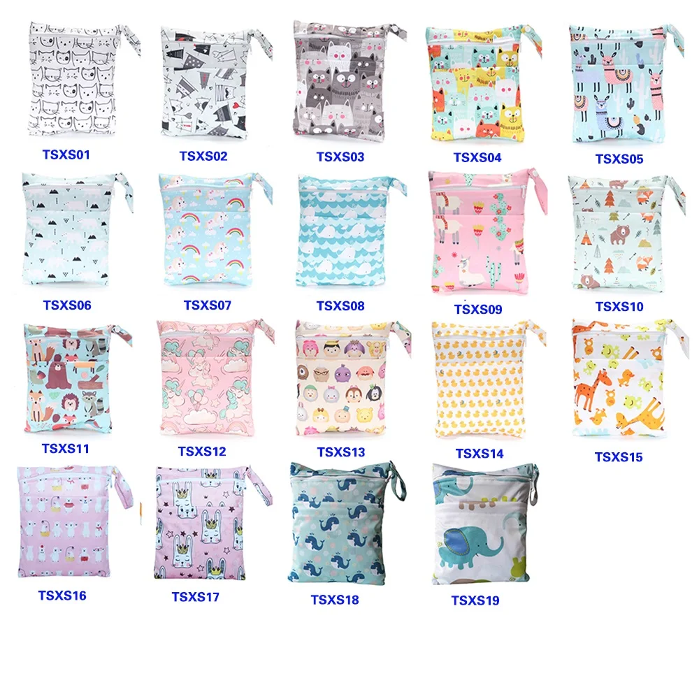 Latest 20 pattern diaper bags waterproof and moisture proof double zipper design dry wet separation baby carrier bags