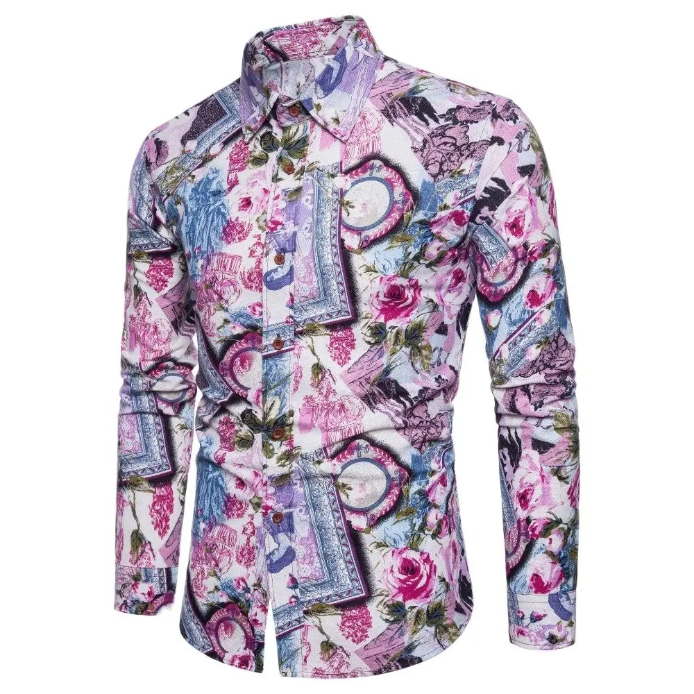 

Fashion Floral Print Slim Fit Shirts Men's Long Sleeve Casual Dress Shirts Hot Sale Size: M-5XL