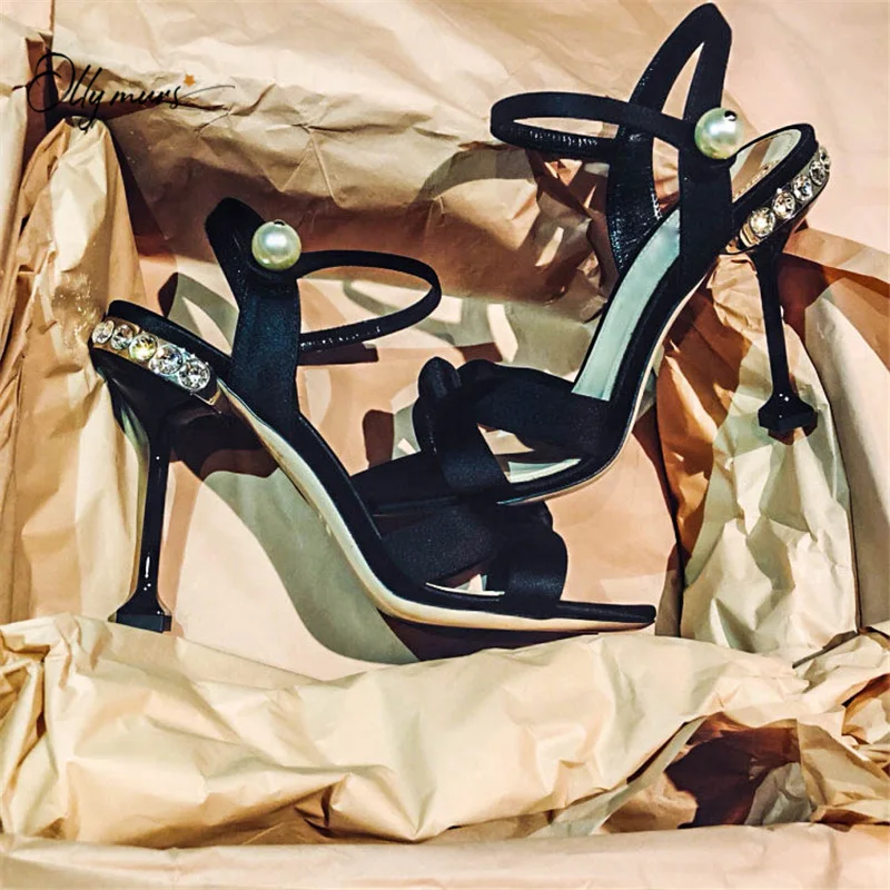 

OllyMurs Fashion Style Black Satin Women Summer Sandals Open Toe Buckle Strap Crystal Thin High Heels Women Sandals Shoes Woman