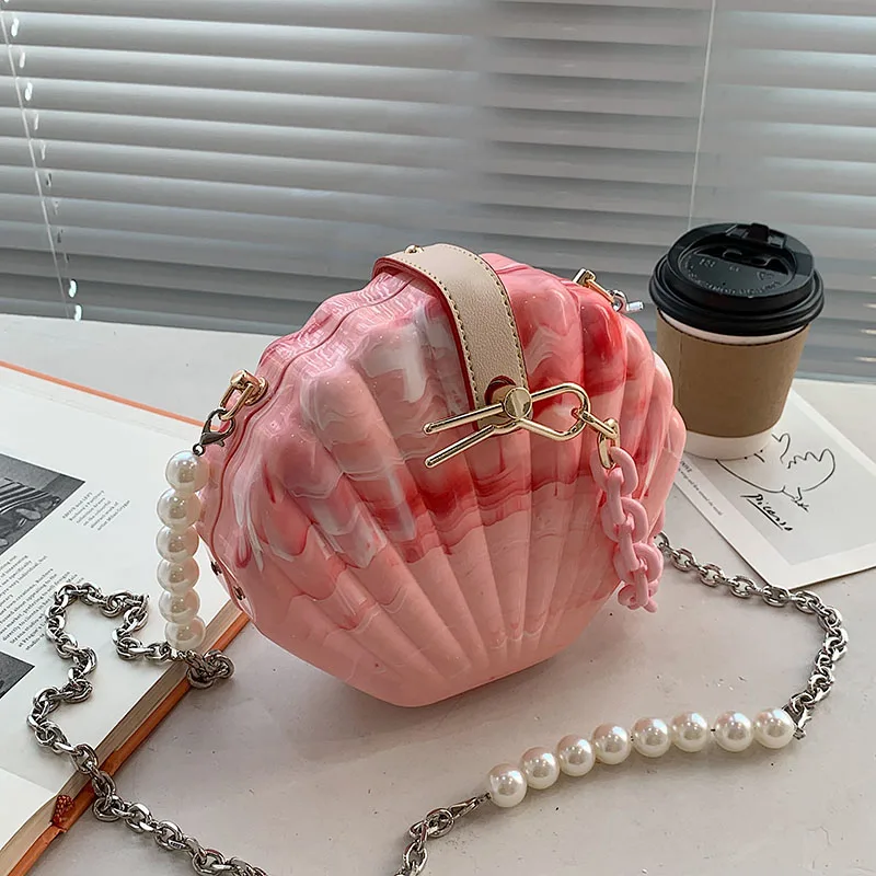 

Summer Shell Beach Bags for Women 2021 New Pearl Chain Purses and Handbags Fashion Acrylic Luxury Designer Party Crossbody Bags