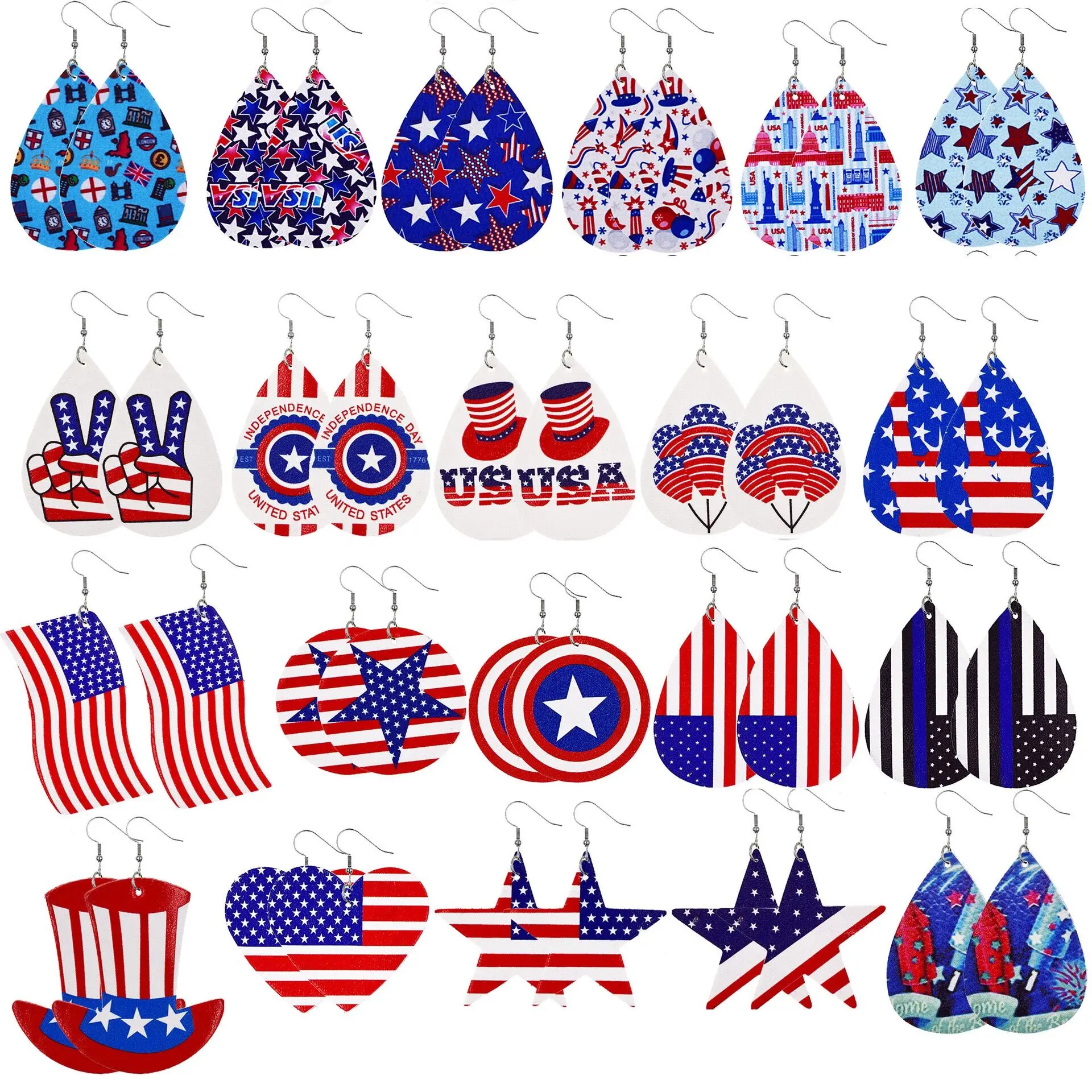 

1000pairs American Flag Printed Heart Leather Earrings Independence Day Flag Hat Earrings