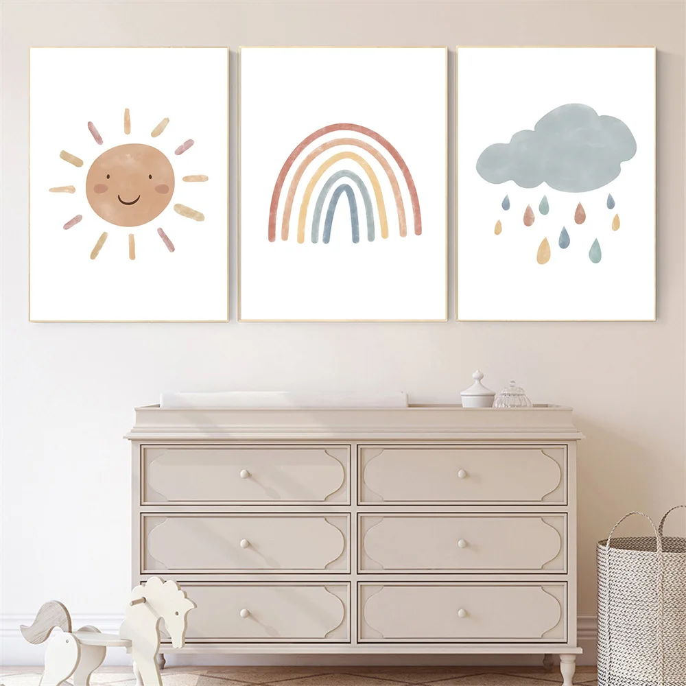 

Nordic Rainbow Wall Art Poster Moon Smiling Art Print Cloud Raindrop Canvas Painting Abstract Pictures Baby Kids Room Home Decor