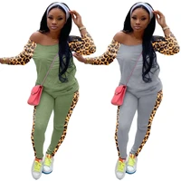 off shoulder tops pants set women leopard patchwork sweatsuit two piece set active tracksuit fitness sportwear outfit