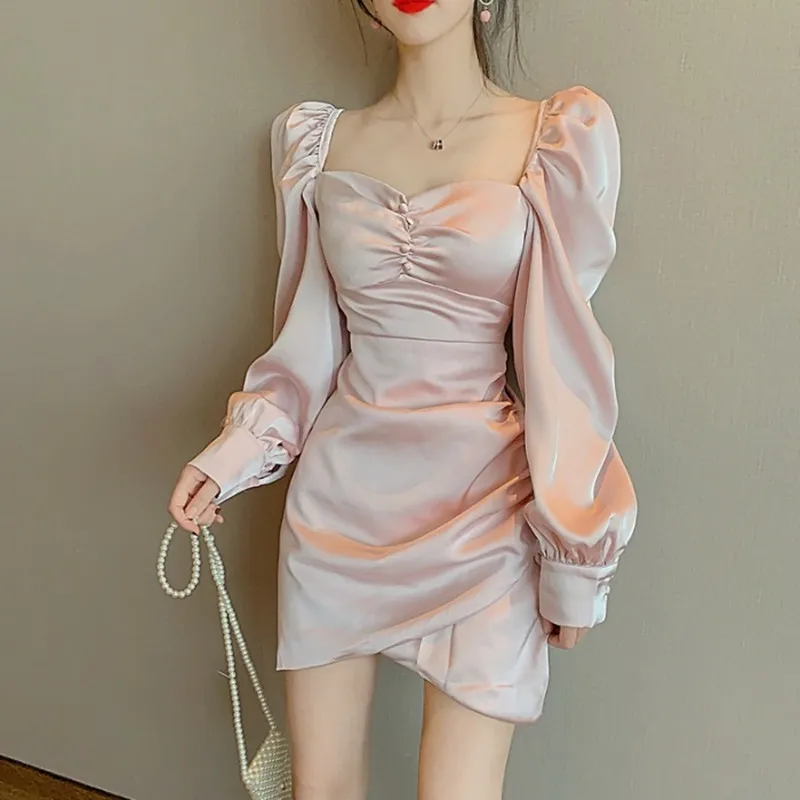 Высококачественное атласное платье с длинным рукавом платья в стиле ретро