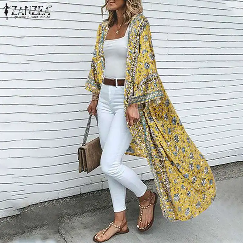 

ZANZEA Summer Beach Cardigan Women Bohemian Floral Printed Party Long Kimono Open Front Holiday Blouse Coverups Shirt Robe Femme