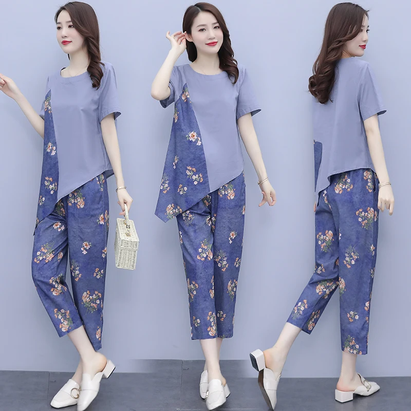 

Asymmetry Short SLeeve T-shirt Top Print Elastic Waist Pencil Pants 2 Piece Set Women Casual Cotton Linen Fashion Matching Sets