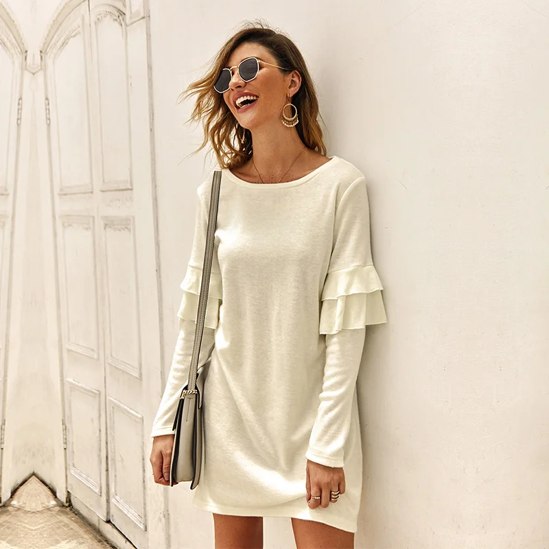 Однотонное трикотажное платье-свитер женское Хлопковое платье с длинным рукавом