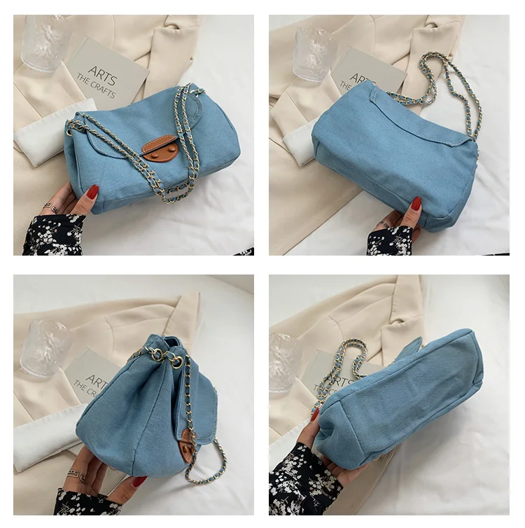 

Denim Cloth Women's Small Shoulder Bag Fashion Chain Ladies Messenger Underarm Bags Female Solid Color Canvas Tote Handbags