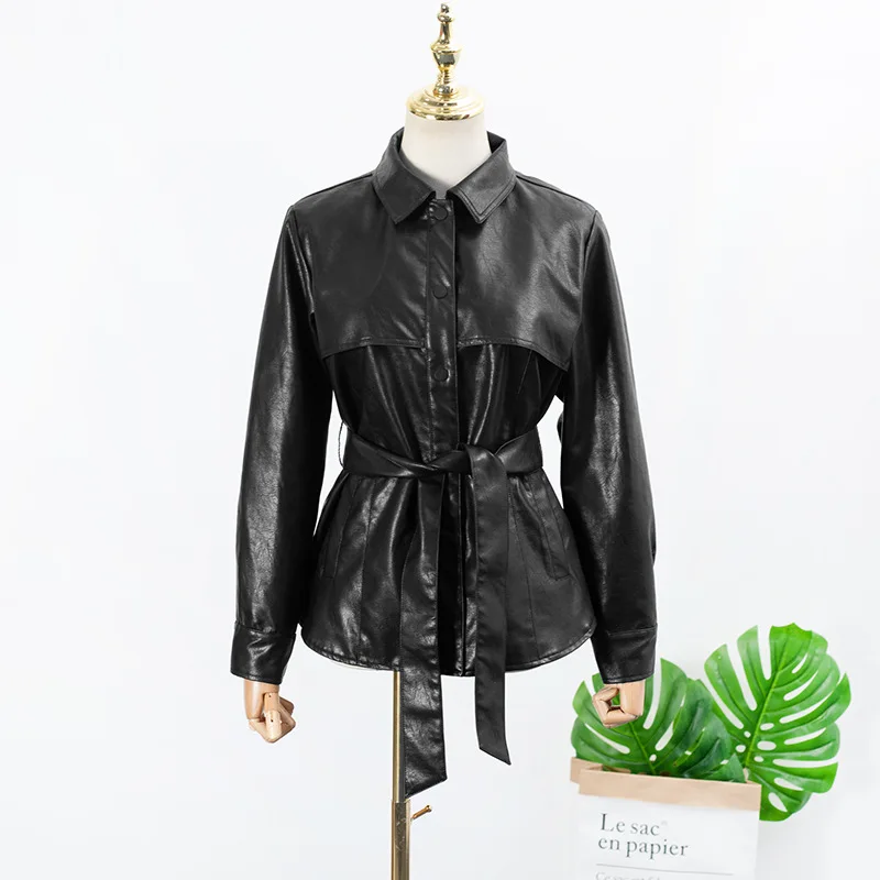 Women's Leather Jacket 2020 Korean Drama Spring Black Faux Leather Jackets Women Pu Basic Coat Biker Jacket With Belt L579