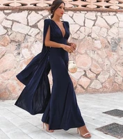 navy blue chiffon women jumpsuits evening dresses with cape cheap elegant formal party reception wear pant suits gala gowns