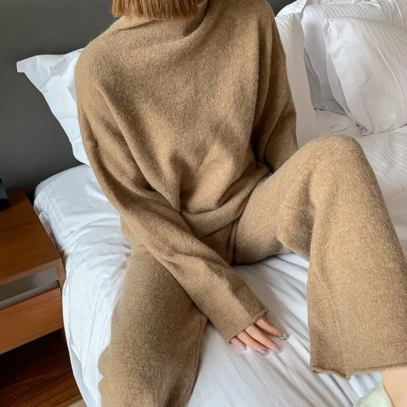 

Осенне-зимний новый женский свободный пуловер с высоким воротом свитер + повседневные широкие брюки вязаный костюм из двух предметов