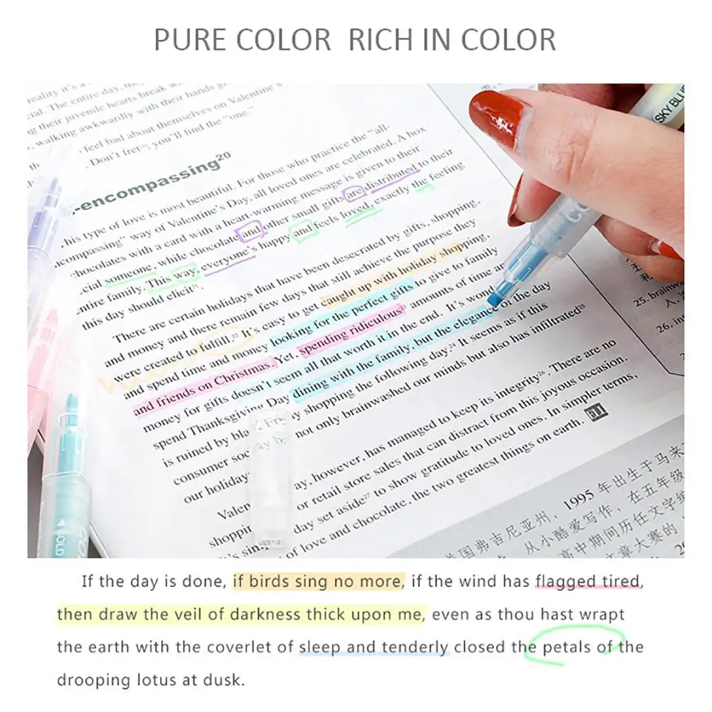 

12PCS Two-color Double-head Highlighter Account Diary Decoration Pastel Color Marker Pen Office School Supplies With Eyeshield