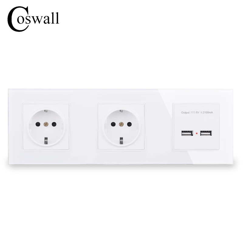 White COSWALL настенная Хрустальная стеклянная панель, двойная розетка 16А, европейская электрическая розетка, двойной USB, умный зарядный порт, 5 В, 2 А, выход, черный цвет - Тип: White