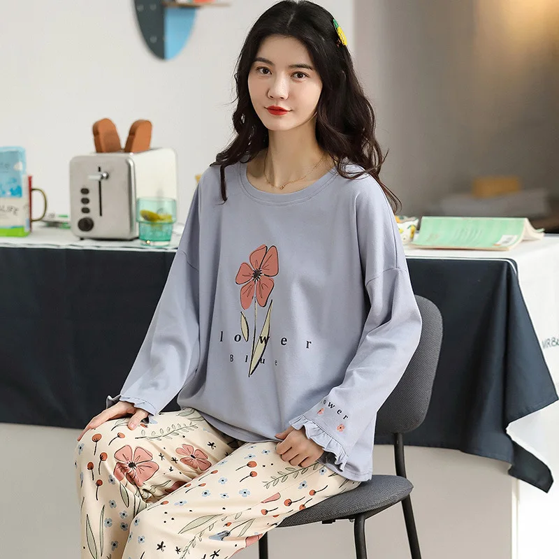 Пижамный комплект женский с цветочным принтом теплый хлопковый Повседневный