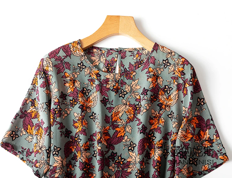 

Women's 100% Silk luxury Fashion Heavy Long Dress Half Sleeve Elegant Round Neck Grey Floral Prints One Size L1148