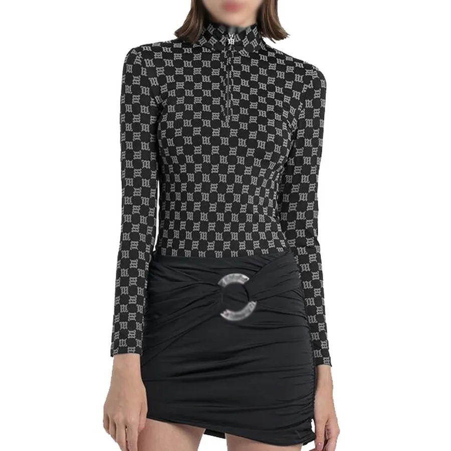 

Women's Y2K Black Fashion M Monogram Pattern Long sleeve Zip-up Slim Turtleneck T-shirt Hip-hop Tops
