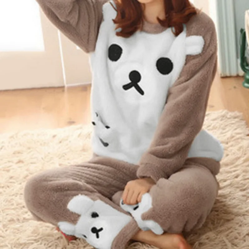 

New Women Pajama Set Autumn Winter Pajamas Flannel Cartoon Thick Warm Women Sleepwear Cute Animal Female Cotton Homewear Piece
