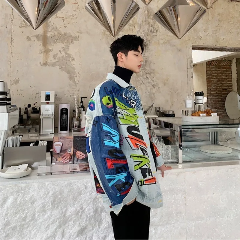 High Street новый бренд граффити мужские джинсовые куртки свободного кроя хип-хоп с