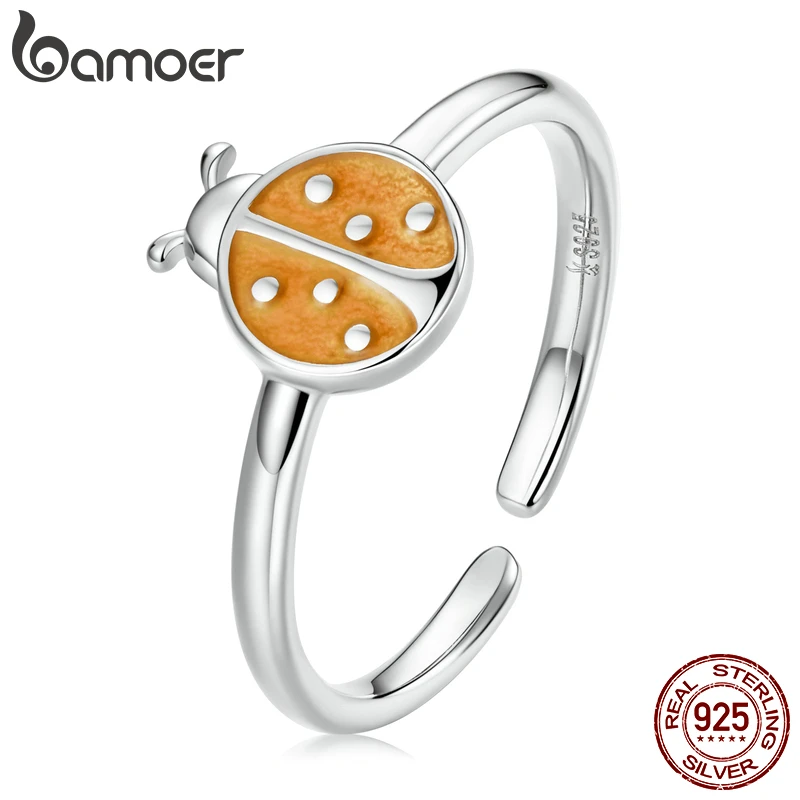 

Memnon Authentic 925 Sterling Silver Orange Ladybug Ring Open Size Plated Platinum Finger Ring for Girls Fine Jewelry Party Gift