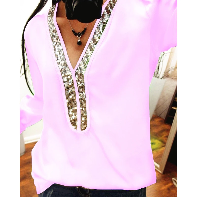 Женская шифоновая футболка с длинным рукавом V-образным вырезом и блестками |