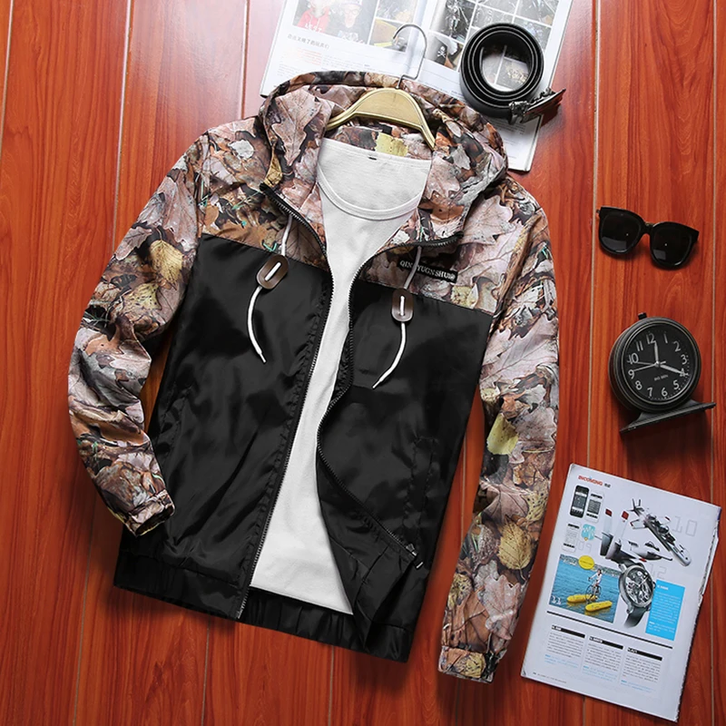 

QSuper Spring&Autumn Men Jacket Leaf or Tree Decoration Men's Coats Hooded Windbreaker Thin Casual Pilot Male Brand Jackets