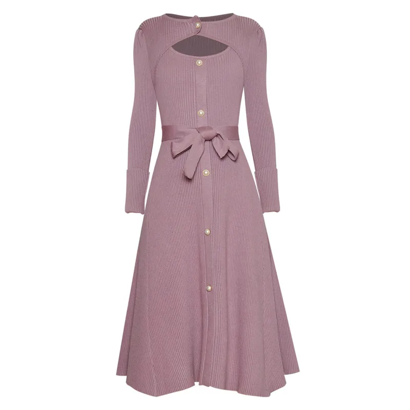 

Черное/фиолетовое трикотажное эластичное платье до колена с вырезами и пуговицами на застежке с поясом и длинными рукавами