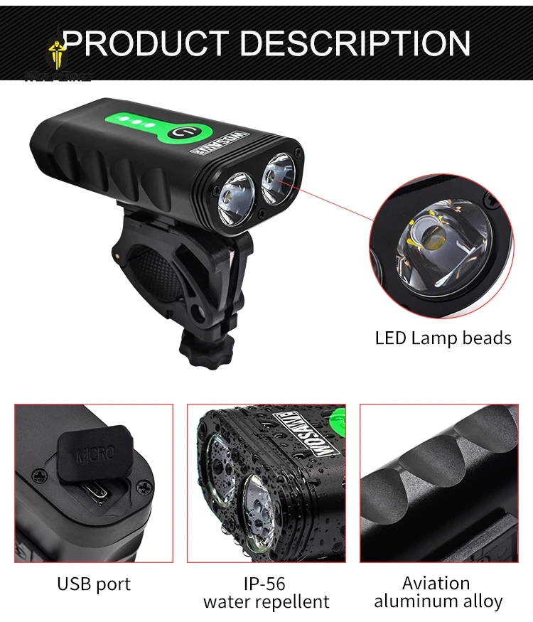 Wolfbike велосипедные фонари светодиодный Мощный встроенный аккумулятор USB Перезаряжаемый 5 режимов Ночная езда на велосипеде кемпинг походные фонари