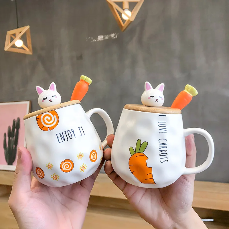 

New Korean Style Cute Cartoon Rabbit Ceramic Mug with Cover Spoon Carrot Girl Breakfast Milk Water Cup