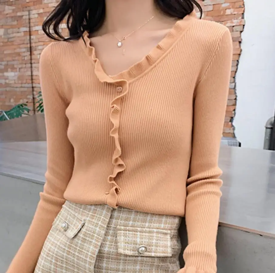 

Элегантный свитер с оборками, женский модный корейский пуловер с V-образным вырезом, офисный Повседневный вязаный джемпер, привлекательный ...