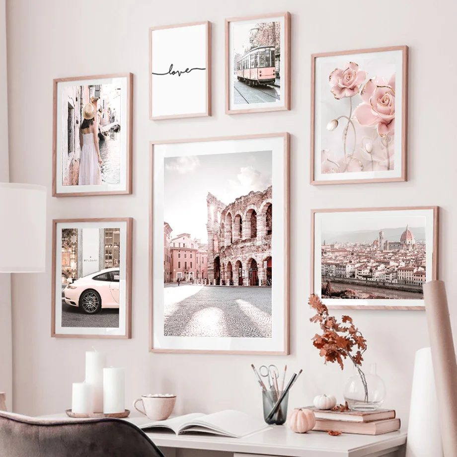 

Italy Building Beach Flower Tram Street Car Nordic Poster And Prints Wall Art Canvas Painting Wall Picture For Living Room Decor