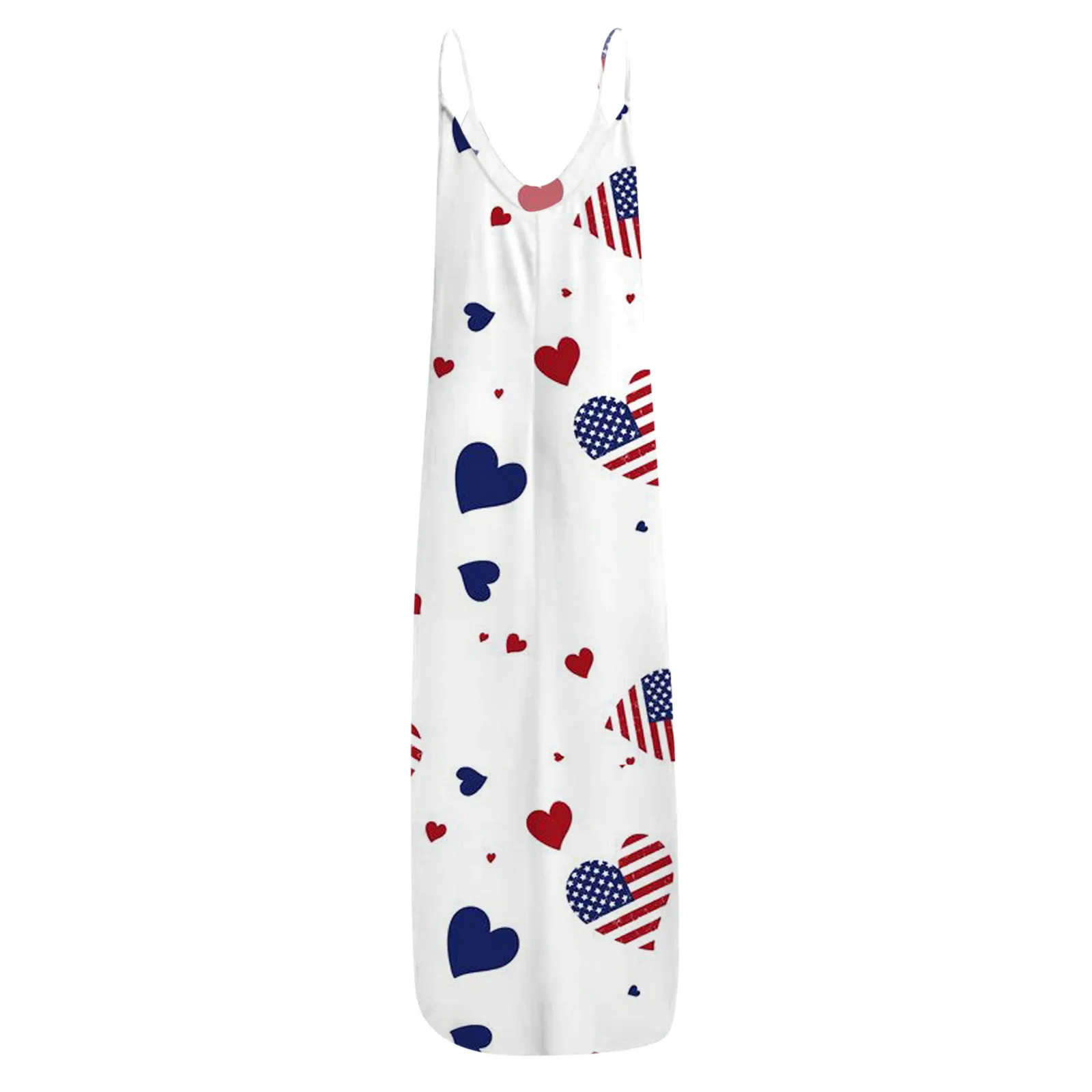 

40# Elegant Heart Print Sleeveless Dress Women O-neck Pocket Spaghetti Strap Maxi Dress Casual Holiday Summer Dresses Vestido