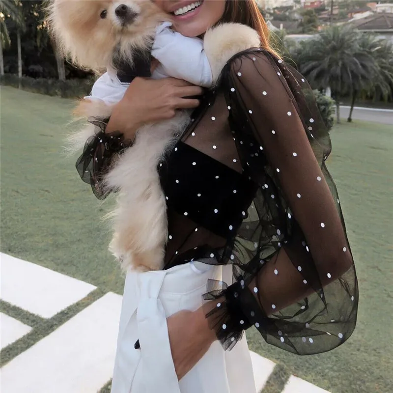 

Fashion Women Mesh Sheer See Through Puff Sleeve Shirt Blouses 2020 Black Stand Collar Polka Dot Print Tops Blouses Shirt Tops