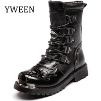 mens leather boots motorcycle boots platform rubber boots men black warm mid calf military combat boots fashion shoes for men