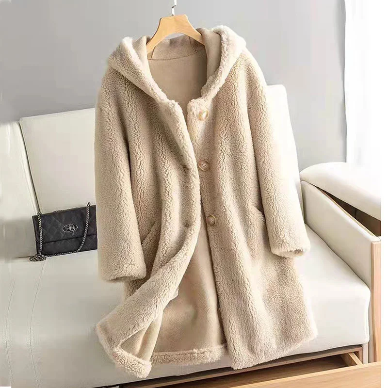 

2022 Winter Thick Mid Long Hooded Sheep Shearing Fur Jacket Women Long Sleeve Outerwear White Camel Faux Fur Jacket Coat Female