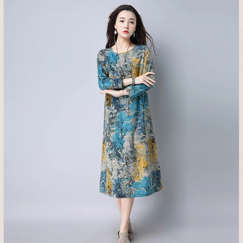 

2020 Cotton Linen Summer Autumn Dress Women Loose Plus size Casual Dress OL Work Wear Vintage Print Dresses vestidos 5XL