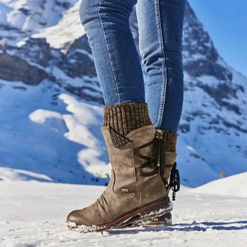 Women Boots Fashion Autumn PU Mid-Calf Boots With Back Lace-up Boots Solid Color Low Heels Shoes Botas Mujer Dropship