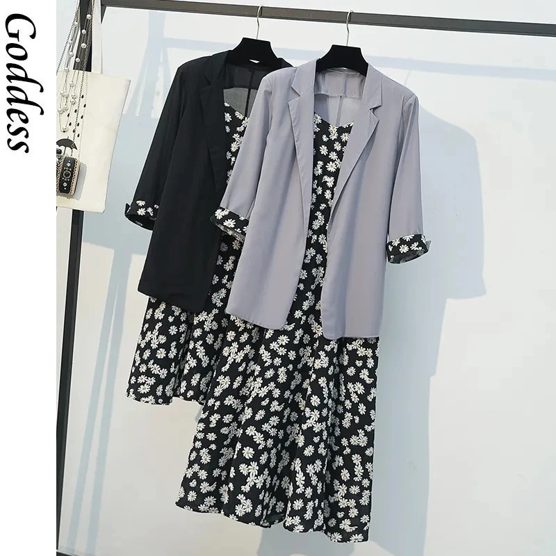 

2021 Summer Dress Suit Female Plus Size New Korean Fashion Casual Thin Suit Retro Chiffon Floral Sling Dress Two-piece Suit