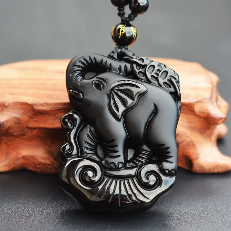Мужское ожерелье подвеска черный обсидиан слон в багажник СВОБОДНАЯ цепь для