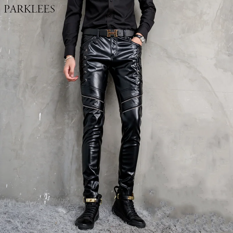 

Men's Rock and Roll Pu Leather Pants Skinny Zipper Metal Buckles Motorcycle Trousers Men Hip Hop Club Party Prom Steampunk Pants