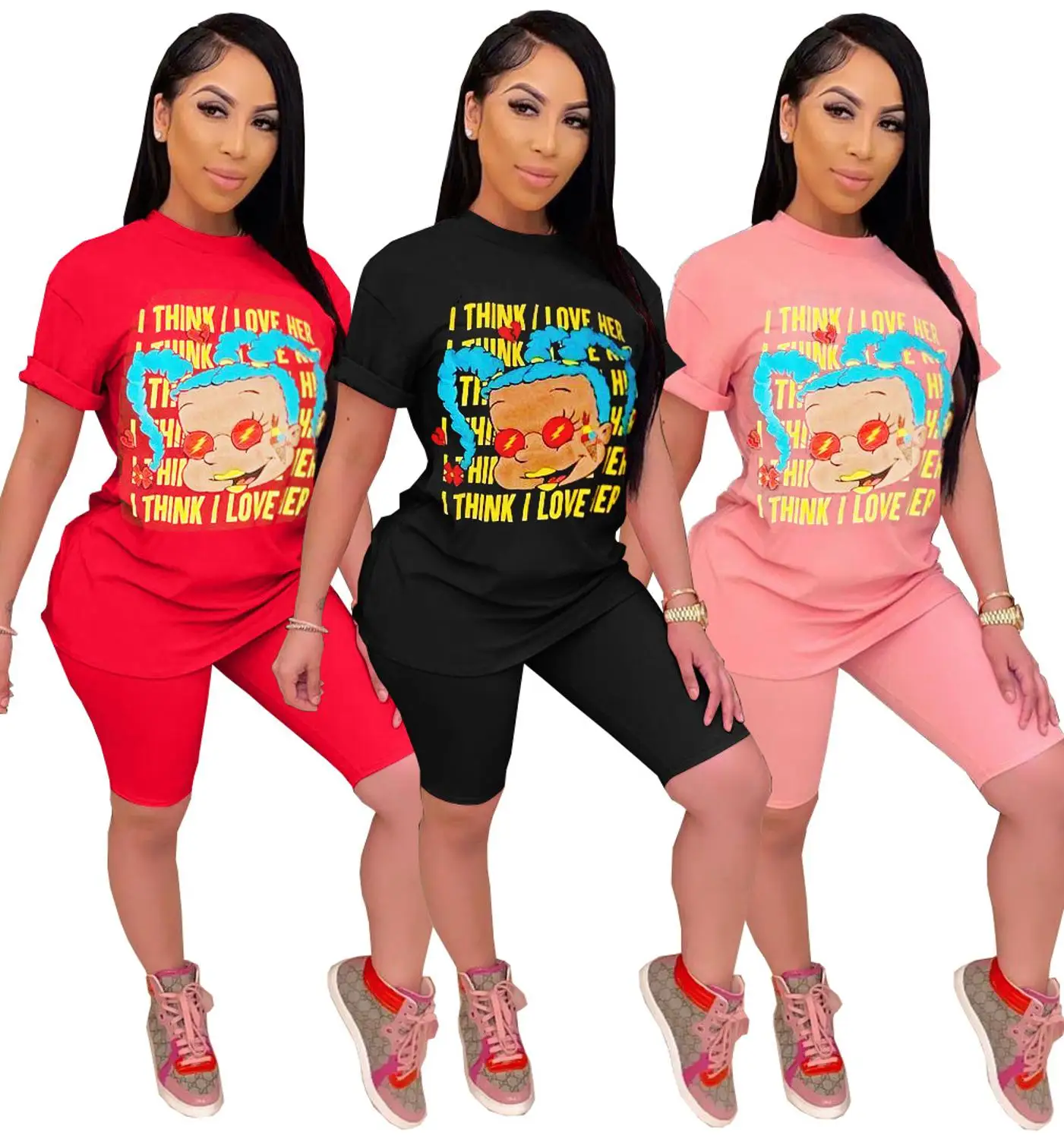 

Women's sports wear a two-piece summer print short-sleeved shirt T-shirt shorts suit jogging equipment club matching