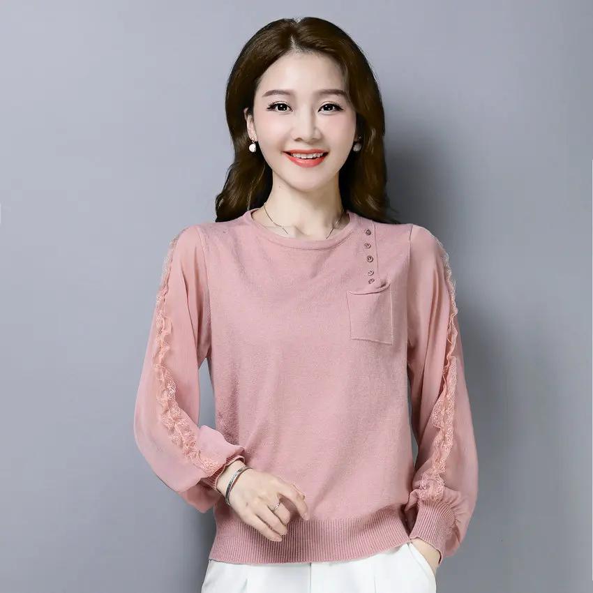 

Woman Elegant Blouse Black Khaki Pink Plain Colour Lace Puff Chiffon Long Sleeve Knit Patchwork O-neck Shirts Chemise femme 2020