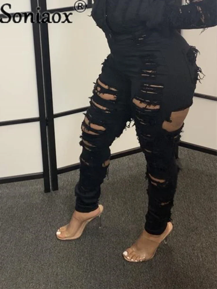 Women’s Slim Fit Ripped Hollow Out Jeans Fashion Solid Color Hole Tassel Stretch High-Waist Denim Pencil Long Pants Trousers