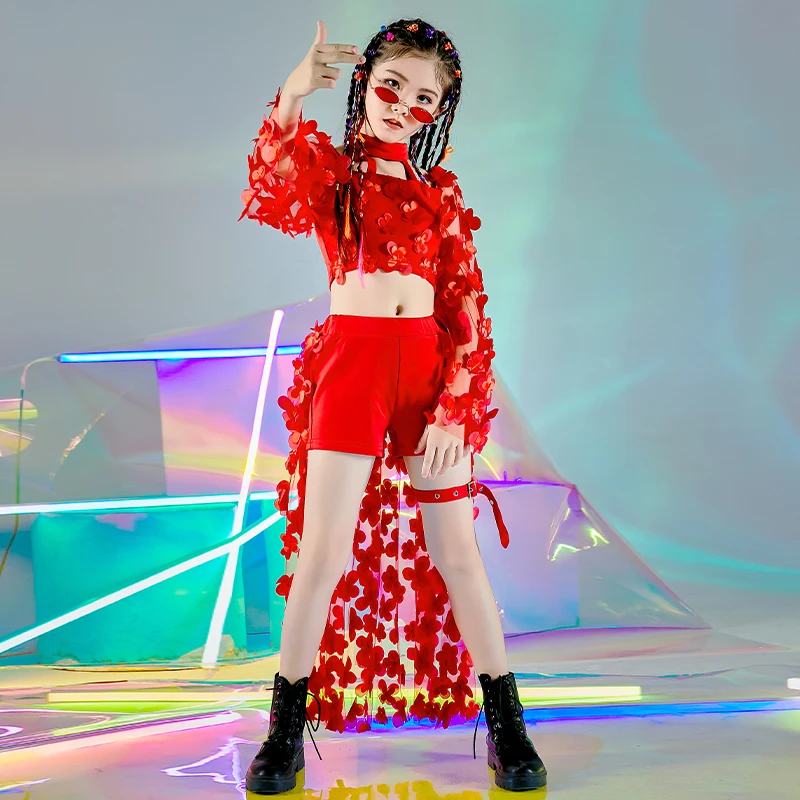 

2022 Детский костюм для джазовых танцев, наряды с красными лепестками, Подиумные сценические костюмы для девочек, одежда для бальных танцев в ...